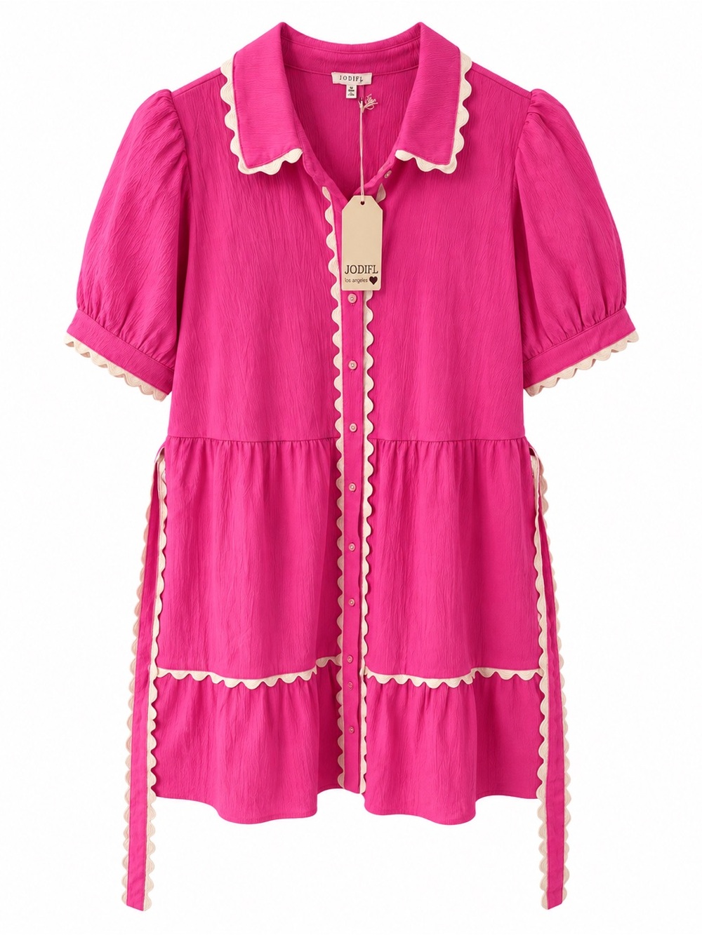 JODIFL Hot Pink Mini Shirt Dress with Cream Scallop Trim - Picture 5 of 6